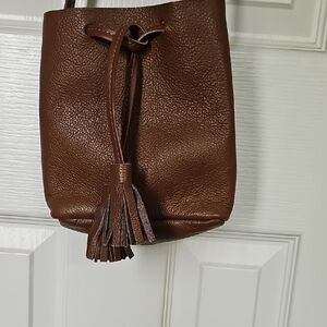 Shaffer Los Angeles Brown Leather Tassel Drawstring Bucket Bag